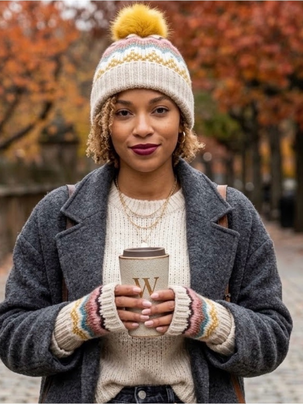 LOFT Multicolor Knit Beanie Hat with Pom-Pom Mittens gloves Cabincore Fair Isle
